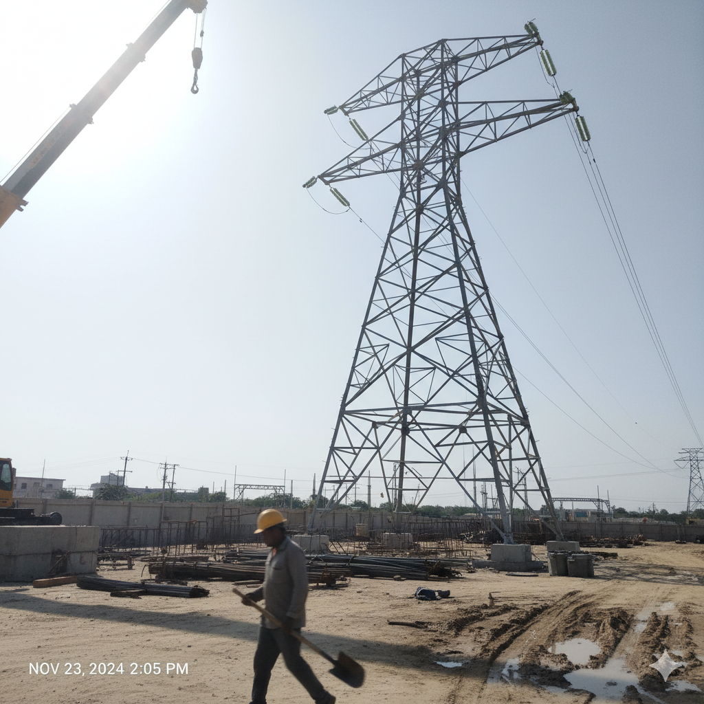 Transmission Line Tower A steel lattice transmission tower against a blue sky