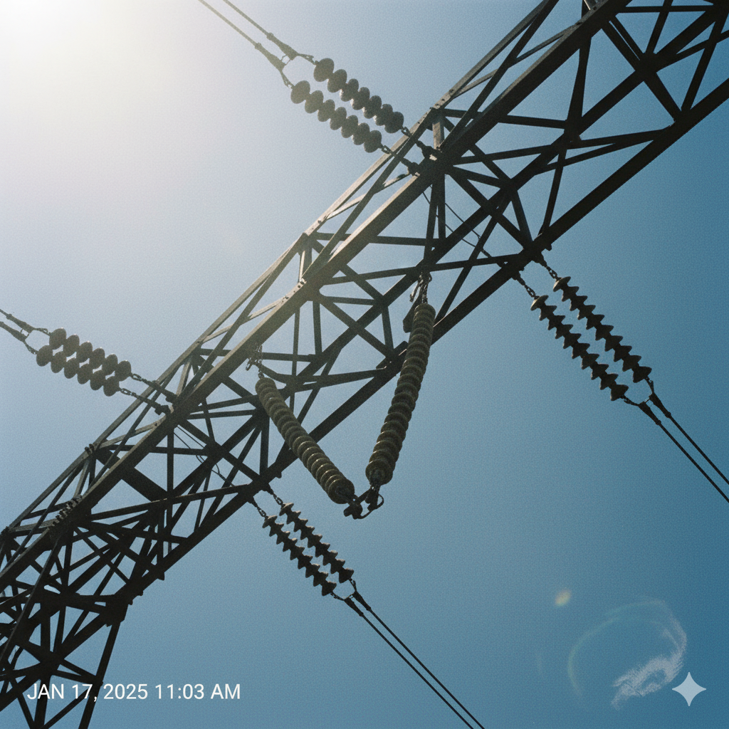 Transmission Tower Core Functions Close-up of insulators on a transmission tower arm