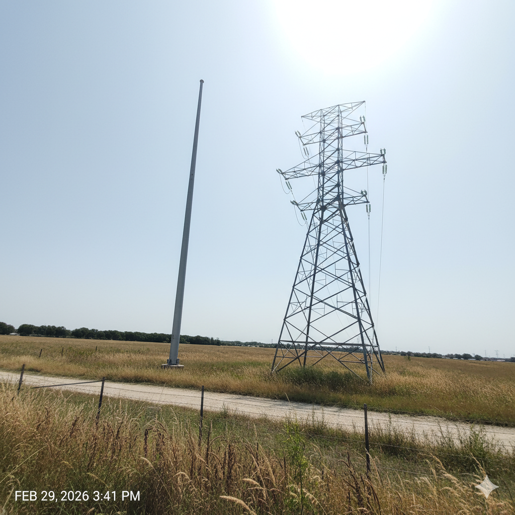 Types of Transmission Towers A sleek monopole tower next to a traditional lattice tower