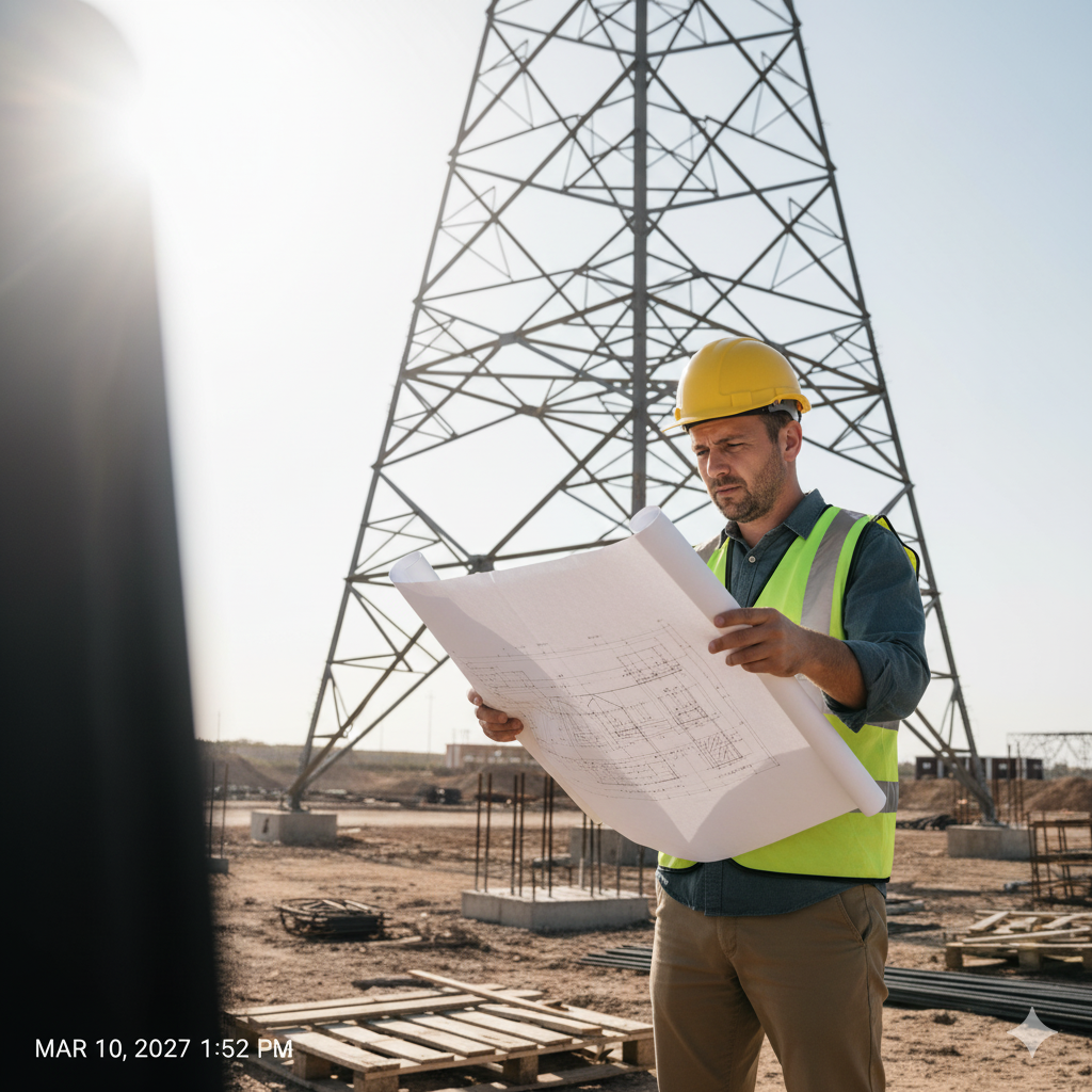 Selecting the Right Transmission Tower An engineer looking at blueprints with a transmission line in the background